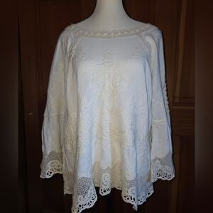Democracy Cream/White Embroidered Romantic Poets Blouse Size Small